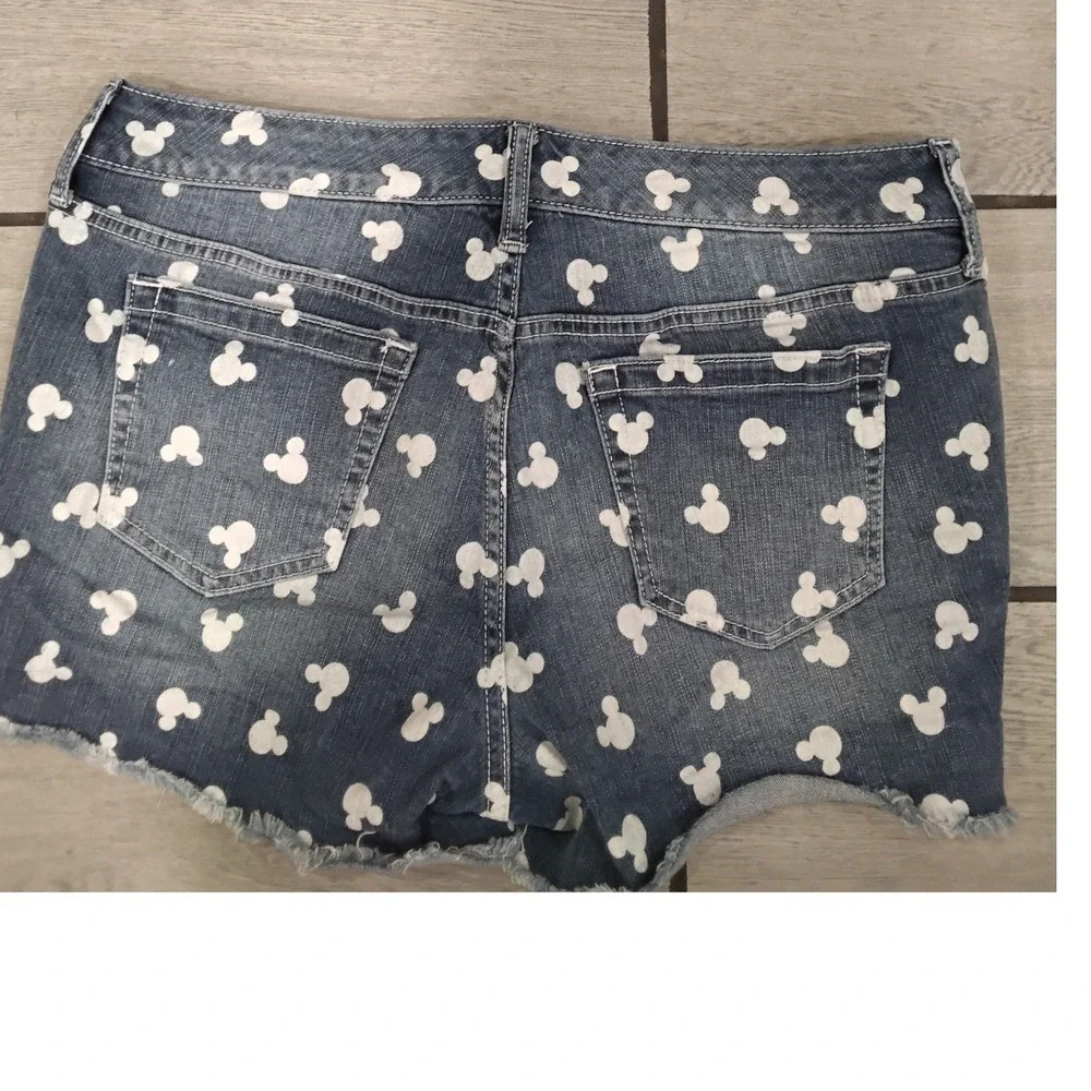 Disney Mickey Mouse All Over Print Distressed Denim Jean Shorts Blue Womens 10